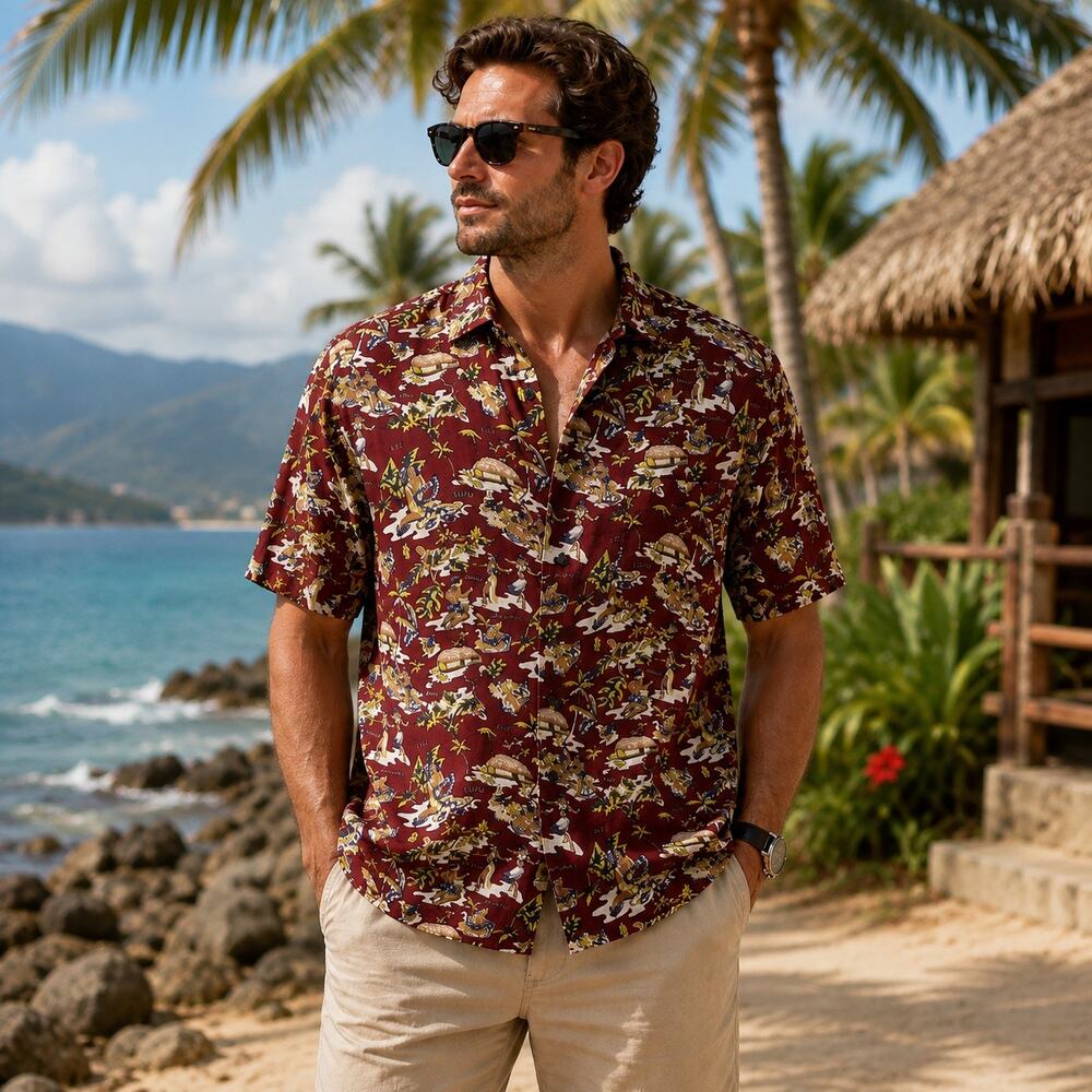 Summa Silk Men’s M Hawaiian Shirt 100% Silk Red Hula Luau Tropical Aloha